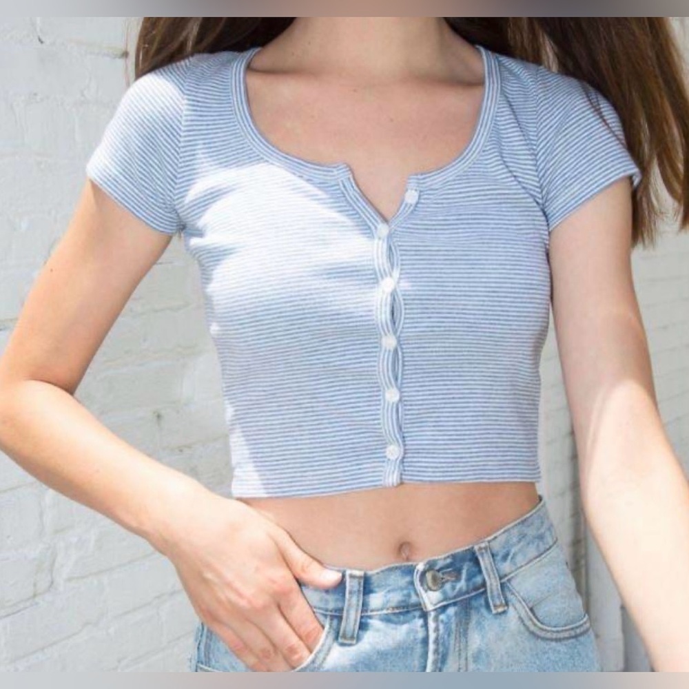 Brandy Melville Zelly Blue and White Striped Cotton Button-Up Crop Top - OS